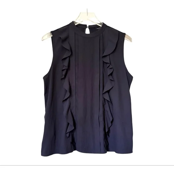 Women's Ann Taylor Navy Ruffle Pleated Sleeveless Blouse M - Picture 2 of 10